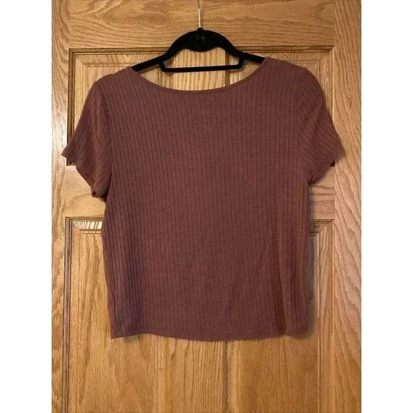 American Eagle Women’s Short Sleeve Ribbed Crop Top sz M Rust Red - Picture 2 of 4